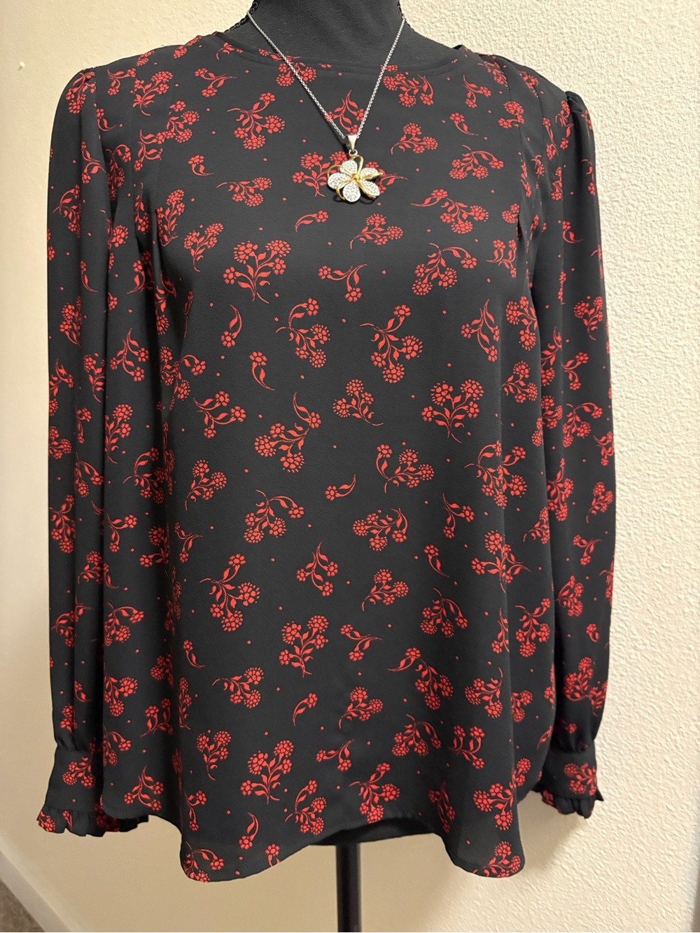 LOFT Black Blouse with Red Floral Print